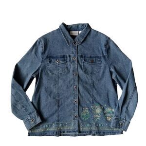 Alfred Dunner Blue Button Front Embroidered Hem Denim Jacket Women's Size 14